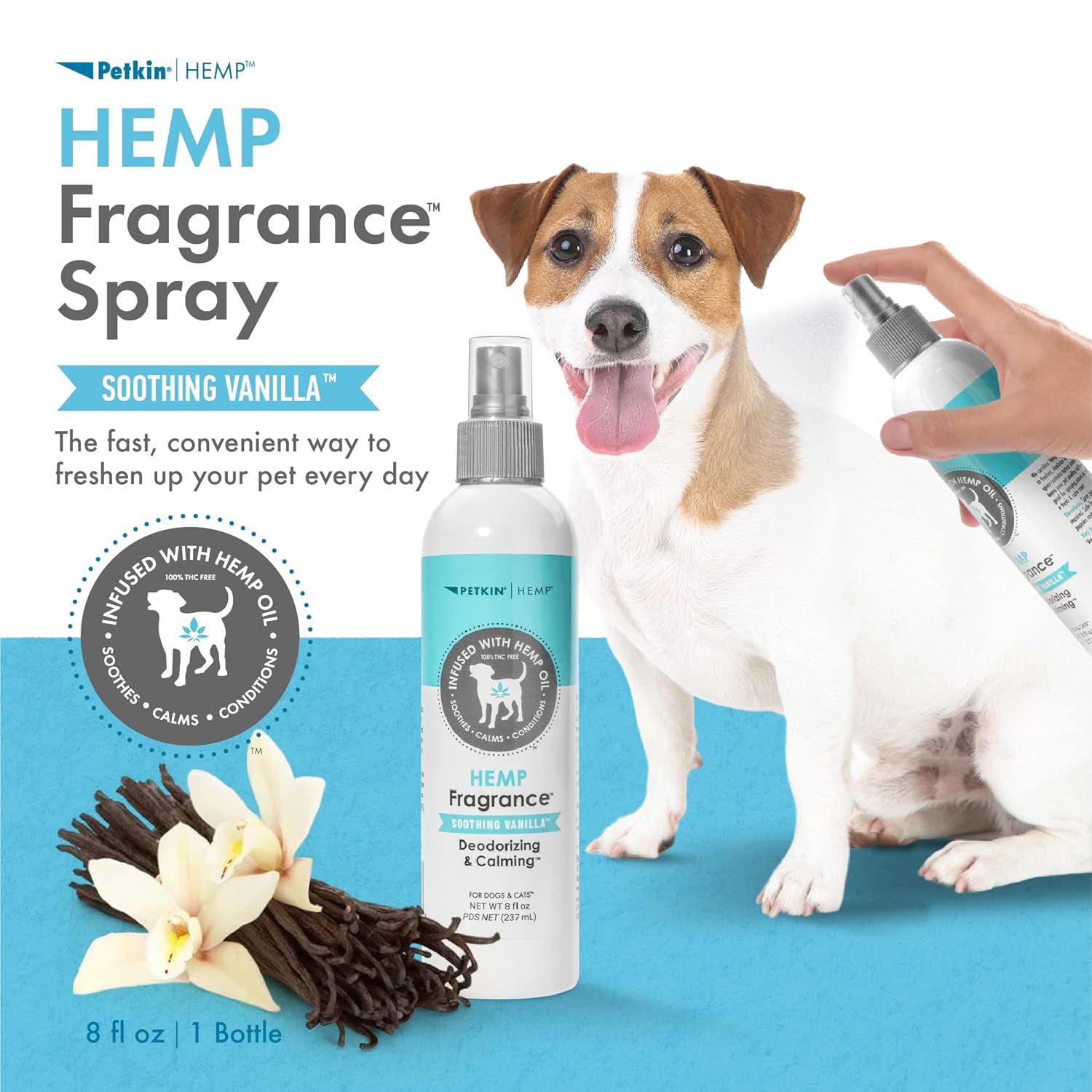 Petkin Hemp Fragrance for Dogs and Cats - With Hemp Oil & Soothing Vanilla Extract, 8 oz - Soothes, Calms & Conditions - Keeps Pet Smelling Great - For Home, Travel & Use on Pet Bedding - Image 2