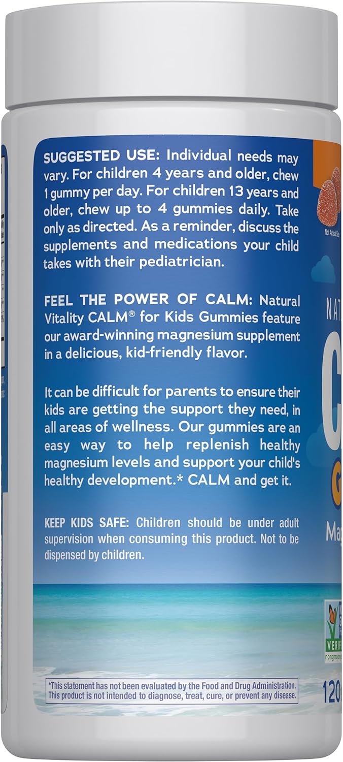 Natural Vitality Calm, Magnesium Citrate Kids Supplement, Stress Relief Gummies, Supports a Healthy Response to Stress, Gluten Free, Vegan, Sweet Citrus, 120 Gummies - Image 3