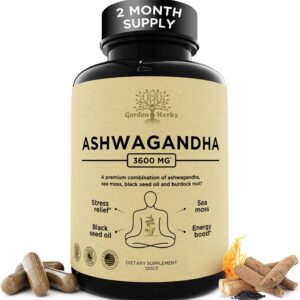 Organic Ashwagandha Root & Irish Sea Moss Capsules 3,600 mg with Black Seed Oil & Burdock Root – Stress, Mood, Energy & Sleep Support Supplement for Women and Men – Vegan, Non-GMO, 120 Capsules