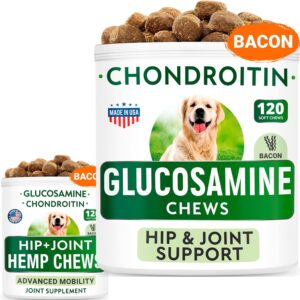 Hemp Treats + Glucosamine Dog Chews Bundle - Natural Joint Pain Relief Supplement - Hemp Oil, Chondroitin w/MSM, Omega 3 - Advanced Hip & Joint Support Formula - 120 + 120 Chews - Made in USA