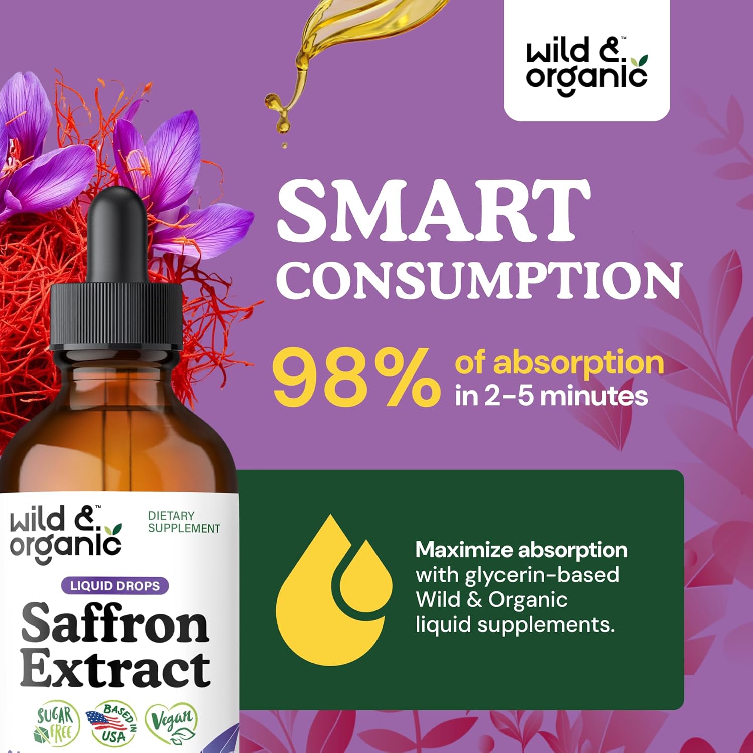 Wild & Organic Saffron Supplements 88.5 mg - Mood, Focus & Eye Support - Saffron Extract Liquid Drops - Add to Tea - 5-Month Supply - Crocus Sativus Herb - Vegan, Sugar & Alcohol-Free Tincture - 4 oz - Image 4