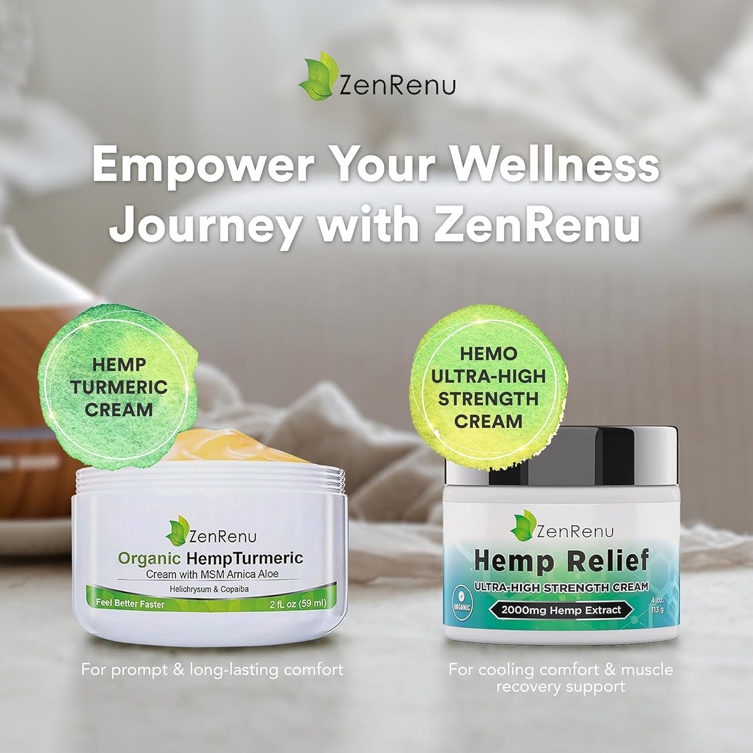 Zenrenu Hemp Joint & Muscle Relief Cream with Turmeric, Arnica, MSM, Hemp Oil & 7 Essential Oils - Non-Greasy & Soothing Formula for Back, Neck, Elbows, Knees, & Hip - ZenRenu, 2 oz - Image 7