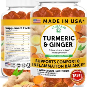 Lunakai USA Made Turmeric and Ginger Supplement Gummies 500mg with Black Pepper – High Absorption Curcumin Turmeric Gummies for Joint Comfort, Daily Immune Support, Non-GMO, 60ct