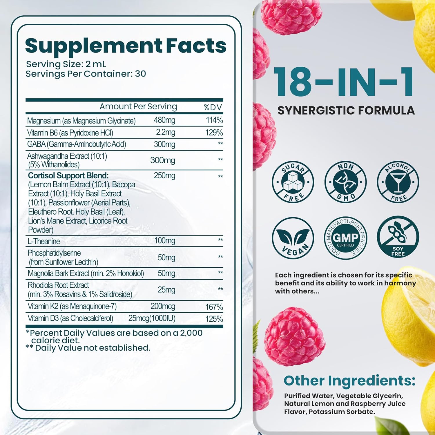 Cortisol Supplements for Women & Men, 18 in 1 Stress & Mood Support Drops with Magnesium 480mg, GABA, Ashwagandha, L-Theanine & Phosphatidylserine, for Relaxation & Sleep, Lemon Raspberry Flavor 60mL - Image 8