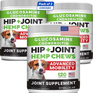 Hemp Treats Bundle - Glucosamine Dog Joint Advanced Mobility Chews + Omega 3 - w/Hemp Oil - Chondroitin, MSM - Joint Pain Relief - Hip & Joint Care - Chicken Flavor - 3 x 120 Ct - Made in USA