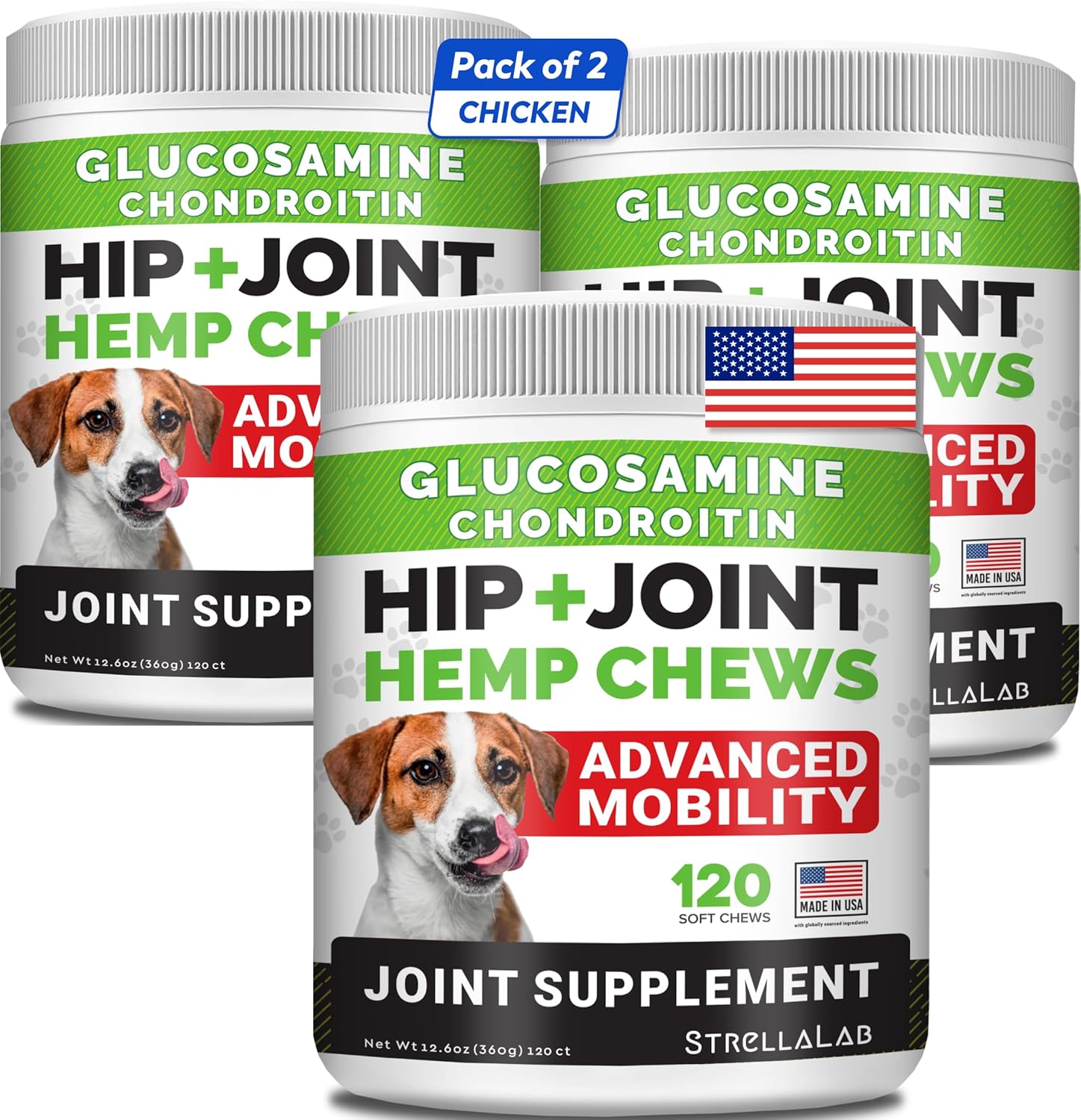 Hemp Treats Bundle - Glucosamine Dog Joint Advanced Mobility Chews + Omega 3 - w/Hemp Oil - Chondroitin, MSM - Joint Pain Relief - Hip & Joint Care - Chicken Flavor - 3 x 120 Ct - Made in USA
