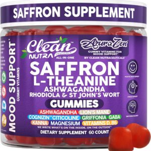 AuraZen Mood Support Saffron Gummies L-Theanine Ashwagandha Rhodiola St John's Wort Lions Mane GABA Vitamin D Magnesium Supplement | Calm Vegan Plant-Based Herbal Gummy By Clean Nutra