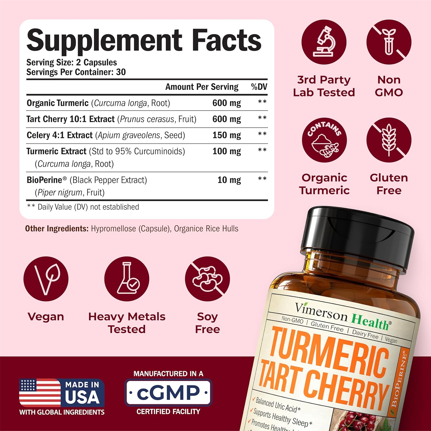 Tart Cherry Capsules – Turmeric Curcumin Supplement with Tart Cherry Extract & Celery Seed Extract – Turmeric Curcumin with Black Pepper for Uric Acid Balance, Joint Health & Sleep Aid - 60 Count - Image 3
