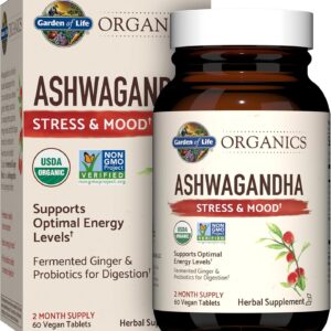 Garden of Life Organic Ashwagandha Supplement with Probiotics & Ginger - Stress, Mood & Energy Support, Vegan, Gluten Free, Non GMO, 2 Month Supply, 60 Tablets