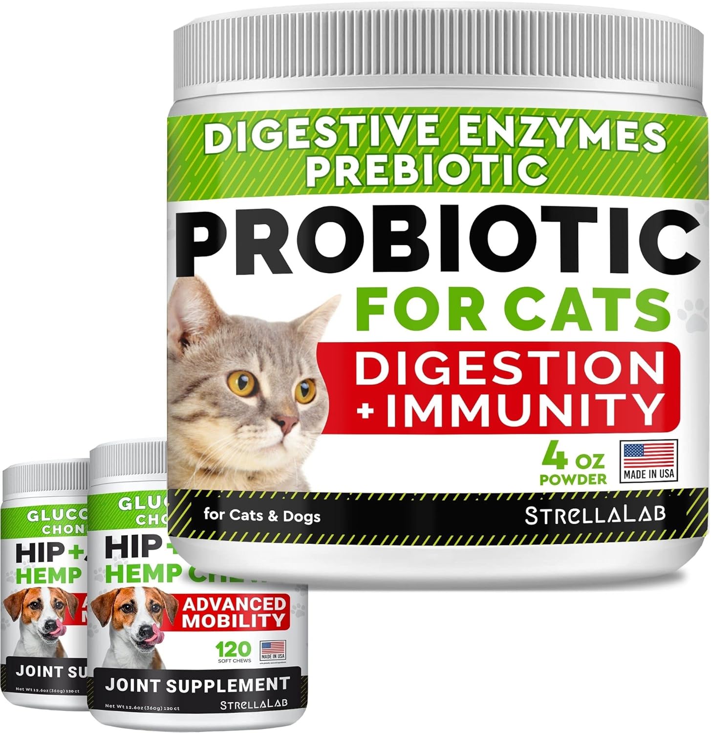 4oz Probiotics Powder + 240ct Hemp Glucosamine Joint Supplement Bundle - Relieves Diarrhea + Joint Pain Relief - Digestive Enzymes + Prebiotics + Omega 3, Hemp Oil + Chondroitin, MSM - Made in USA