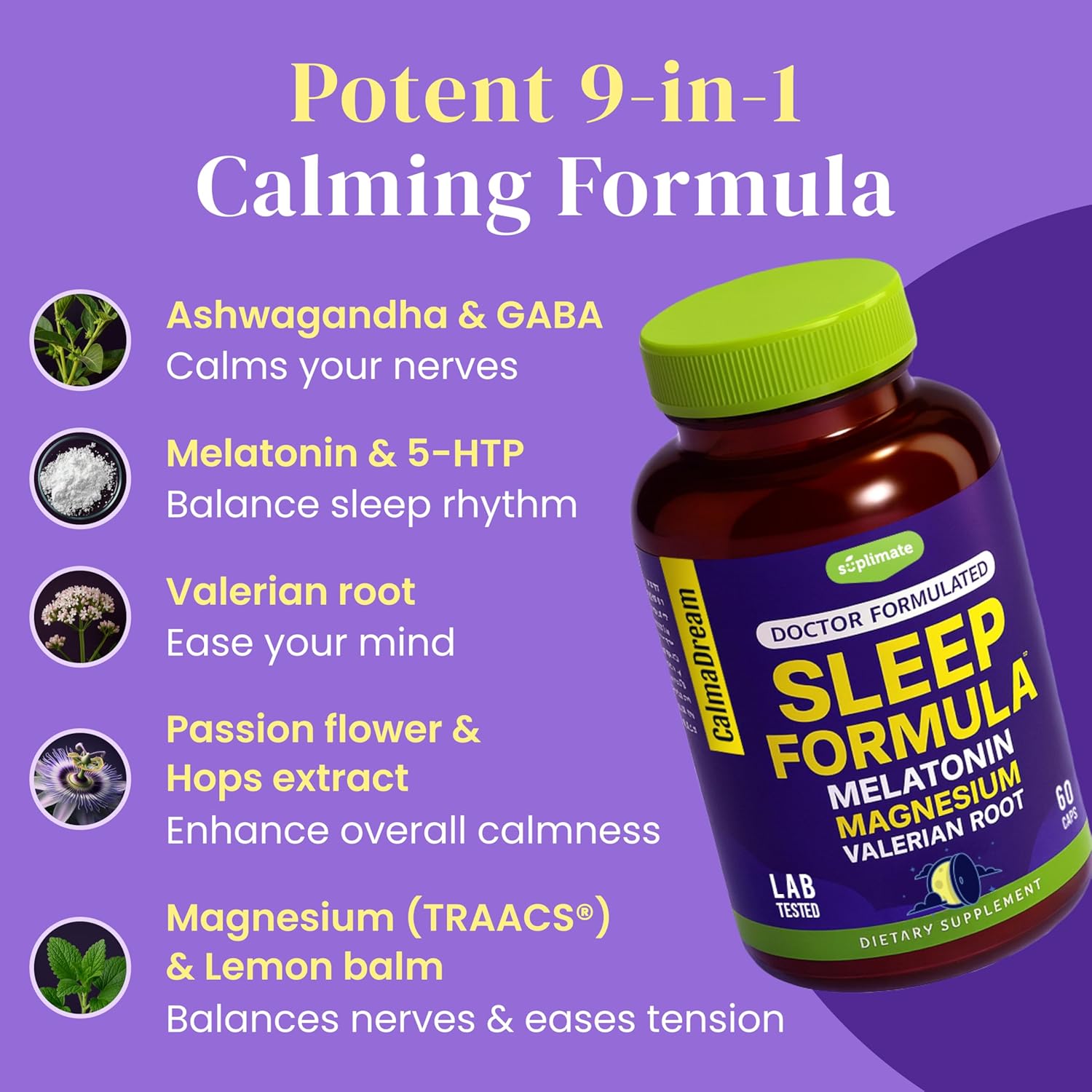 9-in-1 Melatonin Sleep Aid for Adults - USA Made, Lab Tested with Melatonin 5mg and 108mg Magnesium for Sleep - TRAACS, Ashwagandha, Valerian Root, GABA, 5HTP, Herbal Sleep Supplement, Vegan, 60 Caps - Image 3