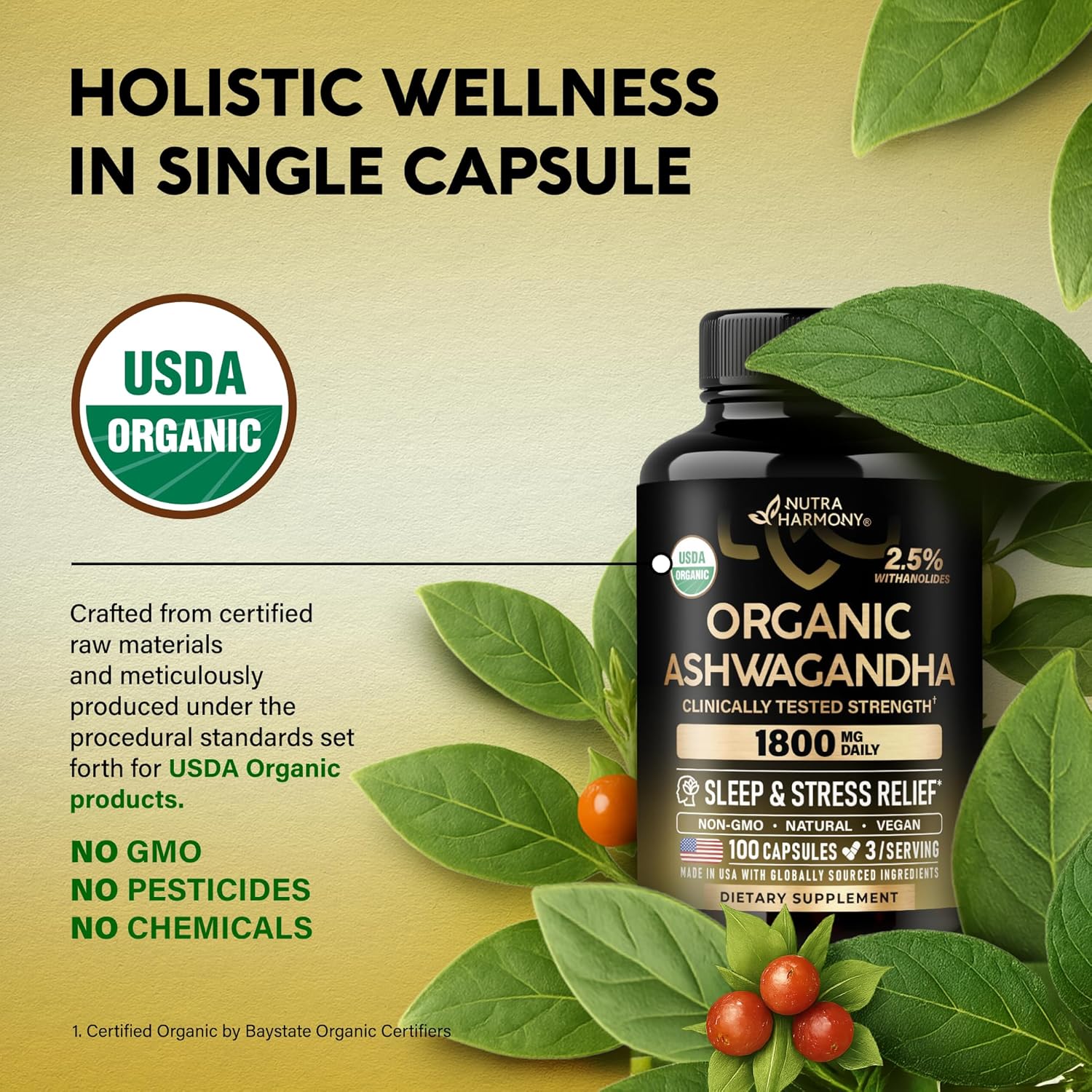 Ashwagandha Supplements 1800mg - USDA Organic Ashwagandha for Women & Men - Clinically Effective Strength for Stress Relief & Sleep - Powder & Root Extract 2.5% Withanolides - Made in USA 100 Capsules - Image 4