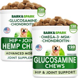 BARK&SPARK Glucosamine Dog Treats + Hemp Treats Bundle - Advanced Formula with Chondroitin, MSM, Omega-3 + Hemp Oil - Natural Joint Pain Relief Supplement - Made in USA - 2 x 120 Soft Chews