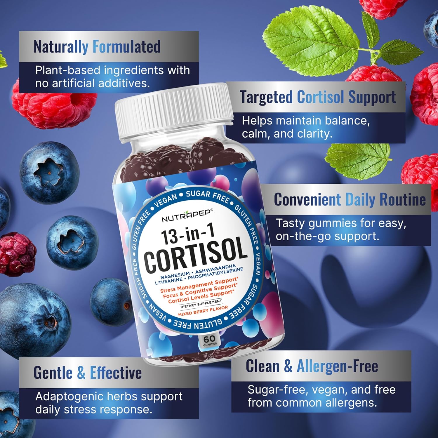 NutraPep Cortisol Gummies for Women Men - 13-in-1 High Cortisol Reducer with Ashwagandha Magnesium L-theanine Rhodiola Rosea - Daily Cortisol Detox Manager for Stress Focus Support - Vegan Sugar Free - Image 4
