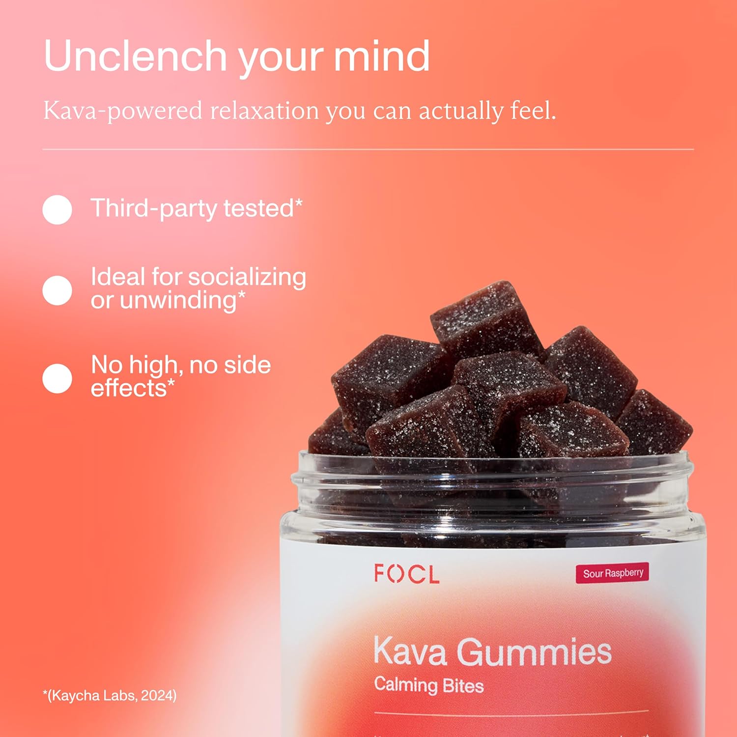 FOCL Kava Gummies Calming Bites - Calm and Relaxation Chewables with Kava Extract and L-Theanine - Plant-Based, Low-Calorie, Non-GMO Stress Gummies for Adults - Sour Watermelon, 30 Count - Image 8