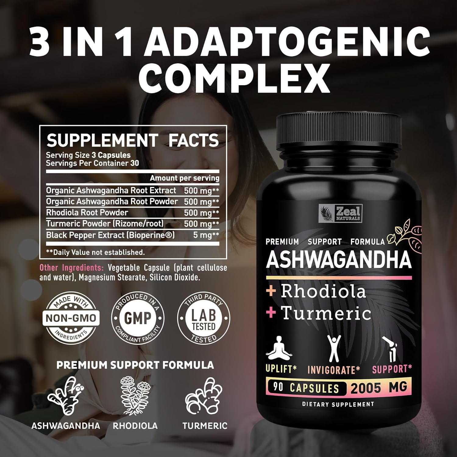 Zeal Organic Adaptogenic Ashwagandha Complex | 2005mg, 90 Capsules | Organic Ashwagandha Root Powder + Rhodiola Rosea + Turmeric | 3-in-1 Stress Relief, Energy & Joint Support Supplement - Image 2