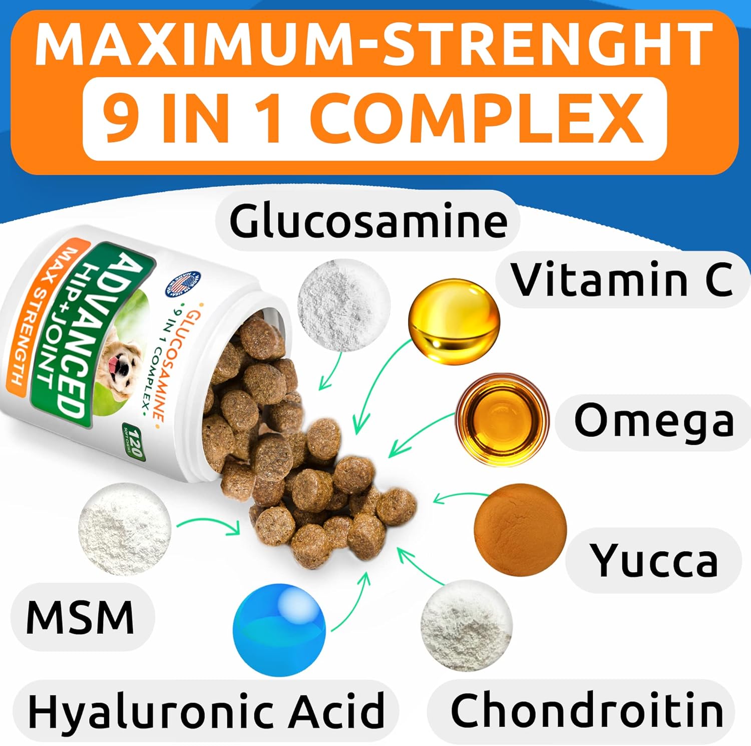 Glucosamine Dog Treats + Calming Hemp Treats Bundle - Senior Advanced Joint Health + Anxiety Relief - Chondroitin, Omega-3 + Hemp Oil - Hip & Joint Care + Stress Relief - 120 + 120 Chews - Made in USA - Image 5