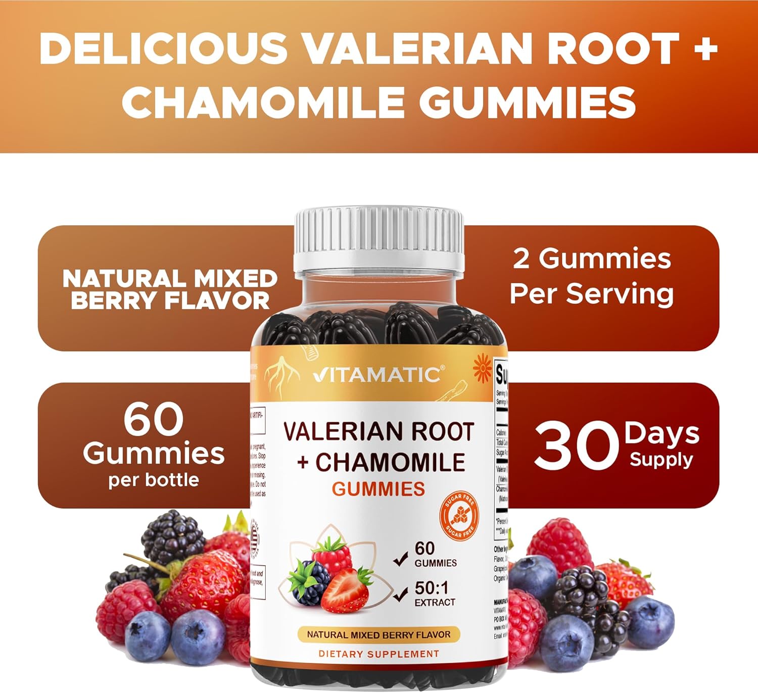 Vitamatic Valerian Root & Chamomile Gummies – Plant-Based Botanical Extract – Mixed Berry Flavor – Vegan, Non-GMO, Gluten-Free – Herbal Supplement – 60 Count - Image 4