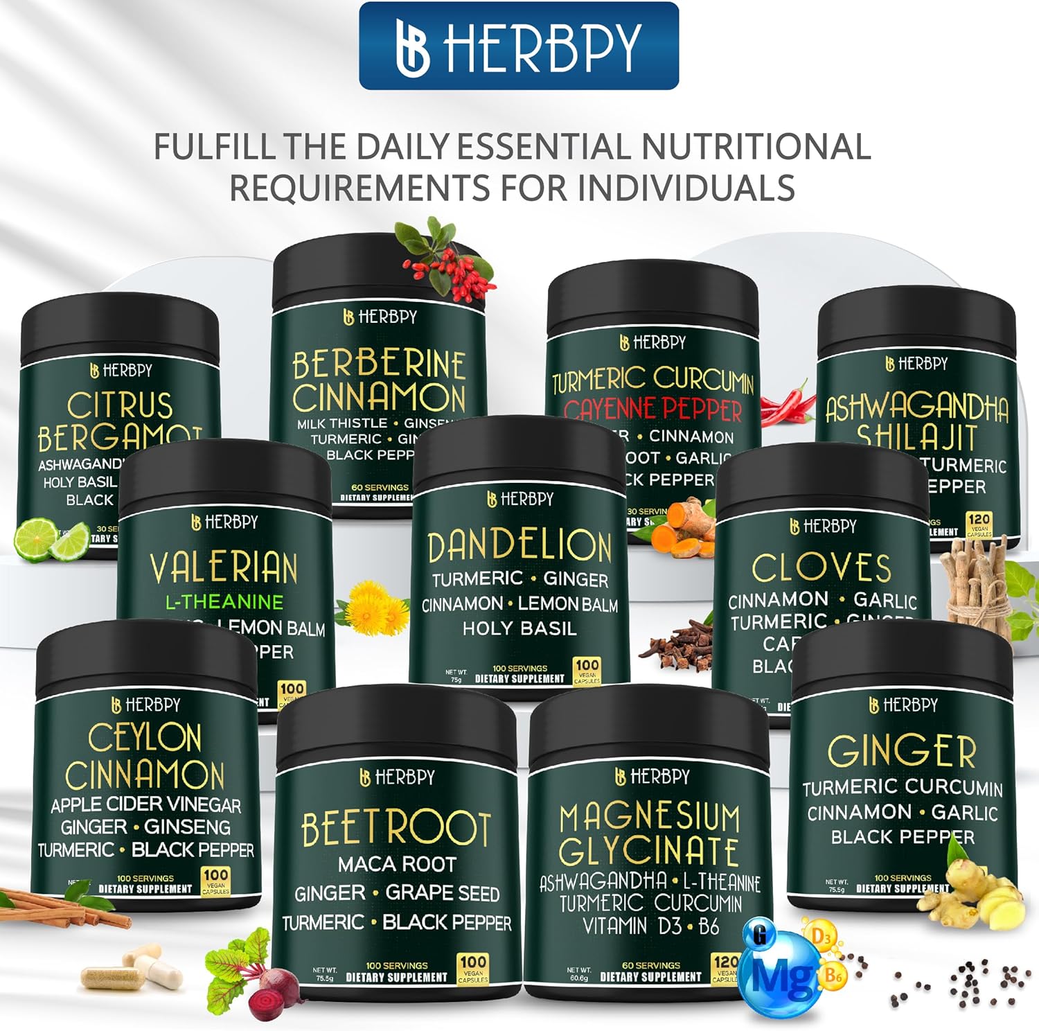 Herbpy 6in1 Restful Day and Night Supplement with Magnesium Glycinate, Vitamin D3, B6, L-Theanine, Ashwagandha and Turmeric Root - Brain, Heart and Digestive Health Support - 120 Vegan Capsules - Image 7