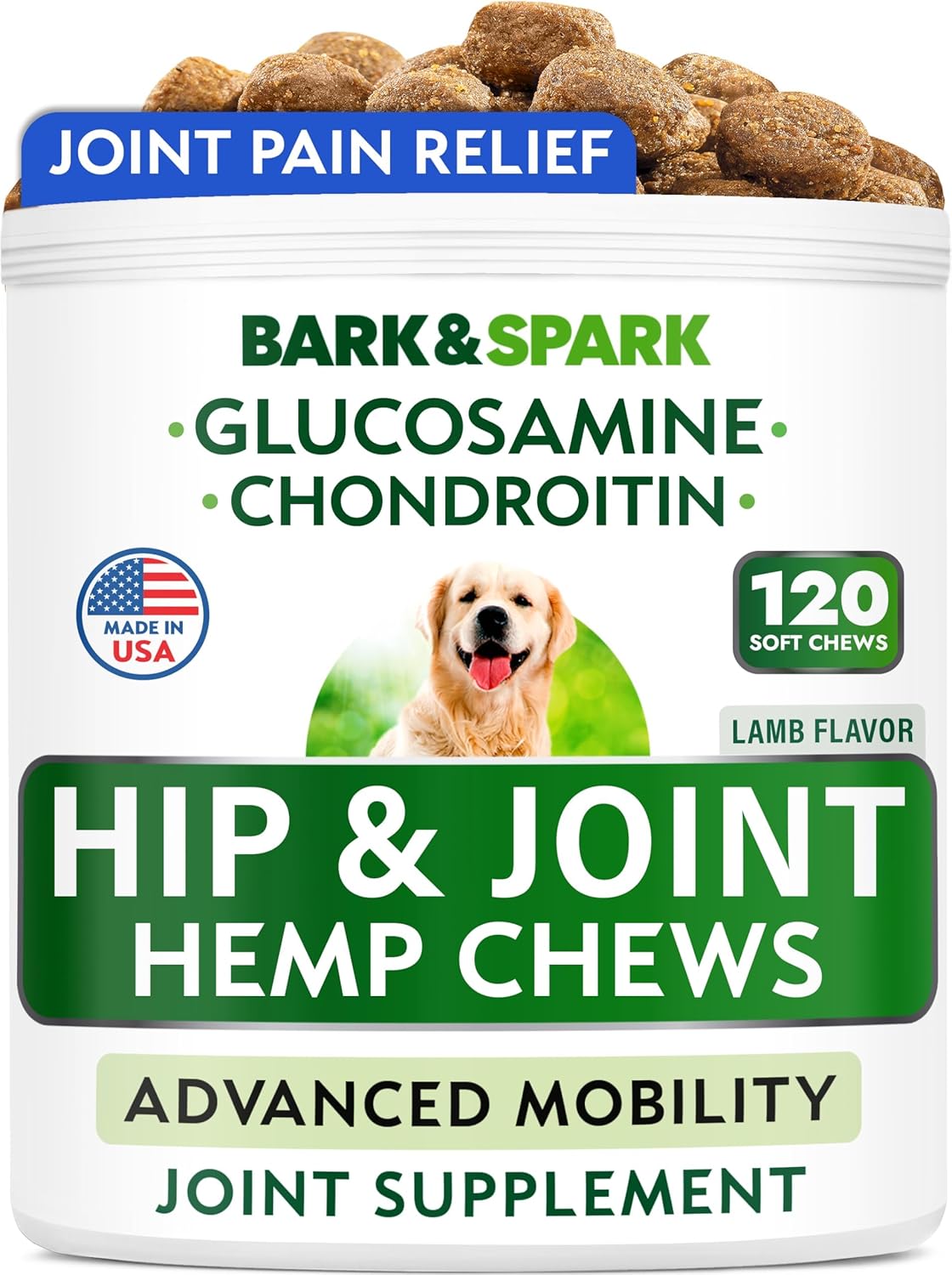 Hip & Joint Support for Dogs - Hemp Chews for Dog Joint Pain Relief with Glucosamine & Chondroitin - Joint Supplement for Large & Small Breeds - Senior Dog Mobility Treats - 120ct, Lamb Flavor