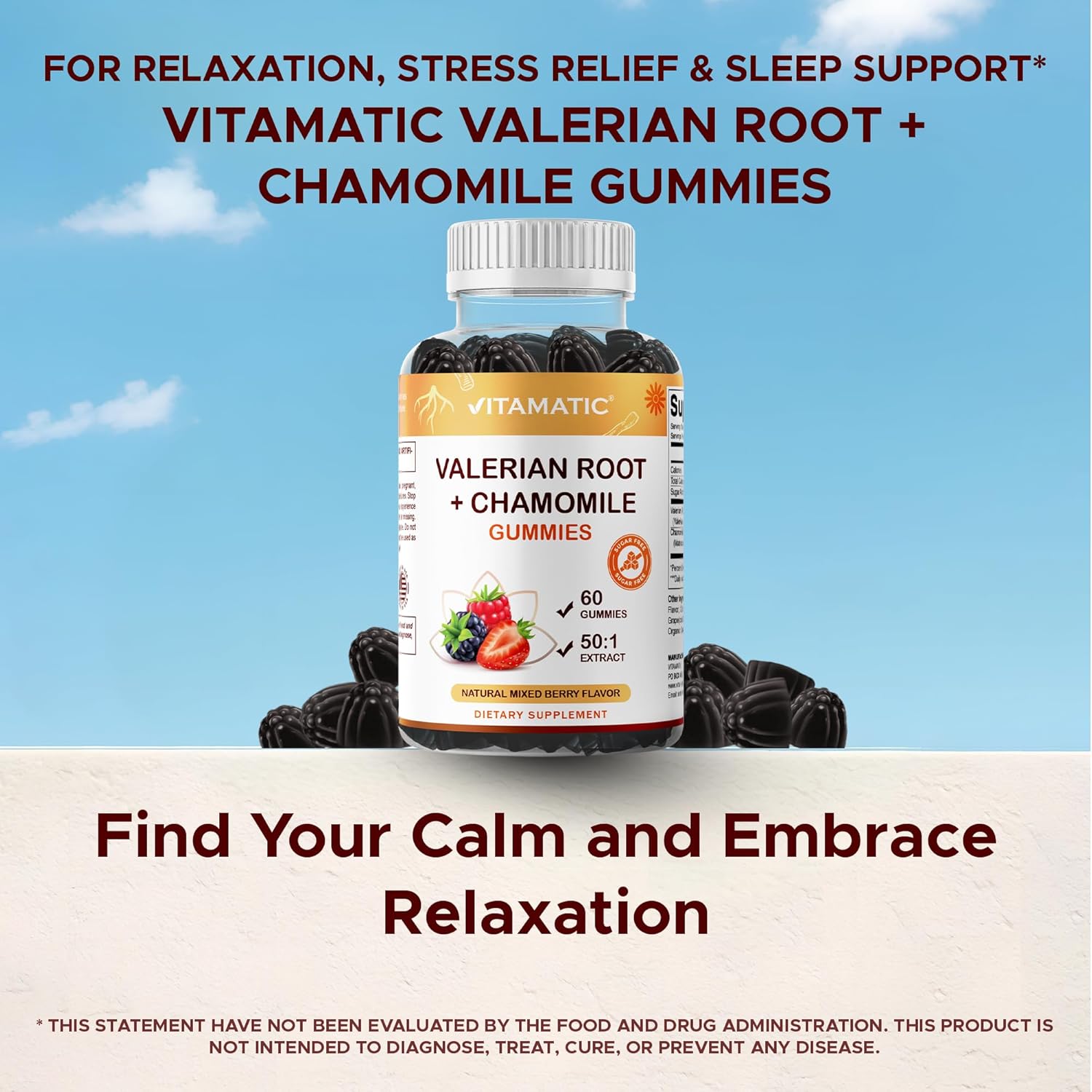 Vitamatic Valerian Root & Chamomile Gummies – Plant-Based Botanical Extract – Mixed Berry Flavor – Vegan, Non-GMO, Gluten-Free – Herbal Supplement – 60 Count - Image 6