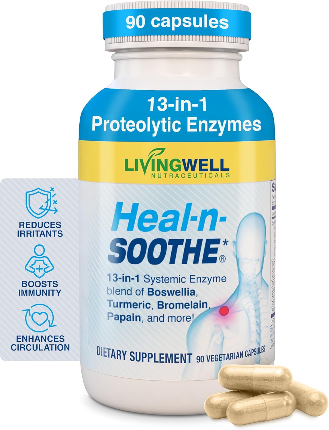 HEAL-N-SOOTHE Proteolytic Systemic Enzymes – Joint Supplement with Bromelain, Papain, Boswellia – Joint Mobility, Muscle Flexibility, Protein Digestion, Circulatory & Immune Health - 90 Count (1 Pack)