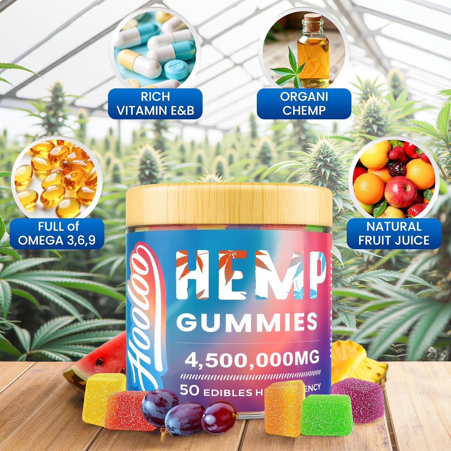 HOOLOO Hemp Gummies for Deep Bedtime Support - 4,500,000MG 2 Packs 6 Fruity Flavors Edibles for Adults - Made in USA - Image 3