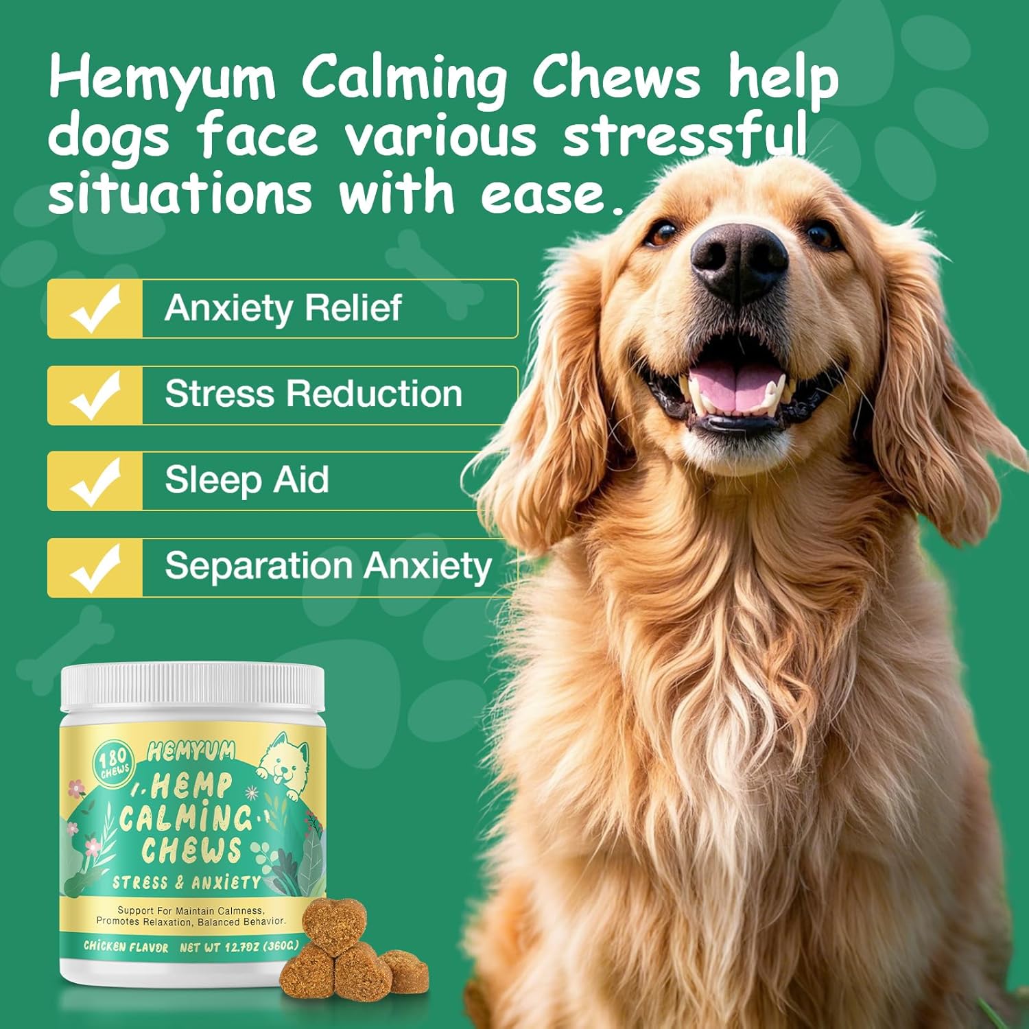 Неmр Calming Chews for Dogs, Anxiety Relief, Sleep Calming Aid, Health & Wellness Supplements for Dog Separation Barking, Chicken Flavor, 180 Chews for All Breeds Ages - Image 3