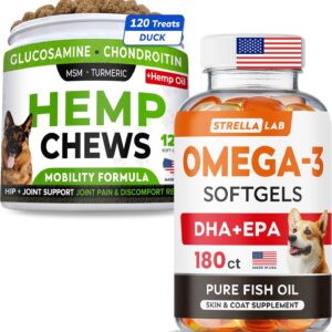 STRELLALAB Hemp Treats w Glucosamine + Omega 3 Fish Oil Pills for Dogs Bundle - Reduce Shedding & Itching - Skin & Coat Supplement + Hip & Joint Supplement, Improve Mobility & Energy