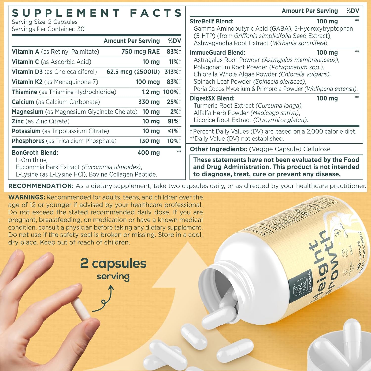 25-in 1 Bone Strength Supplement - for Natural Growth, Digestion and Stress - High Absorption - Calcium, Magnesium, Zinc, Ashwaganda and Multivitamins for Age 12+ | 60 Caps - Image 2