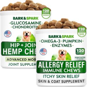Allergy Relief Dog Treats + Hemp + Glucosamine Bundle - Itchy Skin Relief + Joint Pain Relief - Pumpkin, Enzymes + Hemp Oil, Chondroitin w/MSM, Omega 3 - Seasonal Allergies - 240 Chews - Made in USA