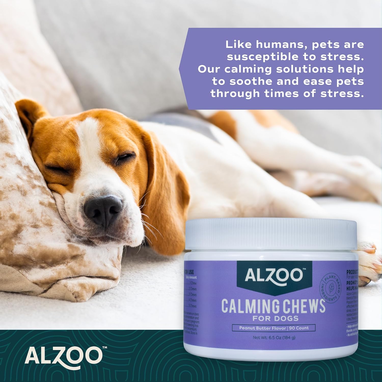 ALZOO Calming Chews for Dogs Anxiety, Peanut Butter Flavor - Plant Based Dog Calming Treats, Stress Relief for Storms, Fireworks, Grooming, Separation Anxiety, Made w/Valerian & Chamomile, 90 ct - Image 2