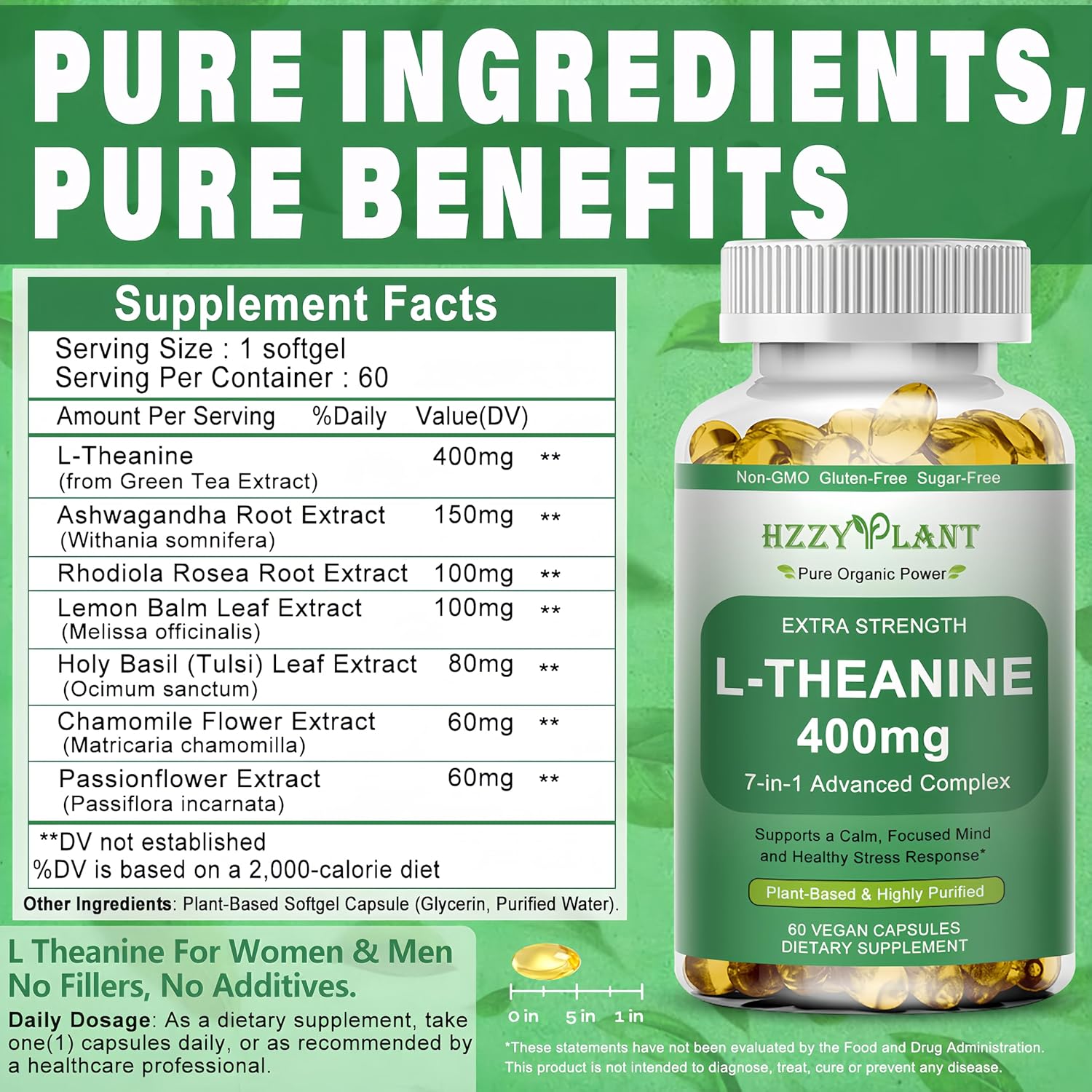 L Theanine Softgels, High Absorption L-Theanine 400 mg for Women & Men, Extra Strength L Theanine Stress Relief with Ashwagandha, Lemon Balm for Calm Focus & Mood Balance, Plant Based, Non-GMO, Vegan - Image 7