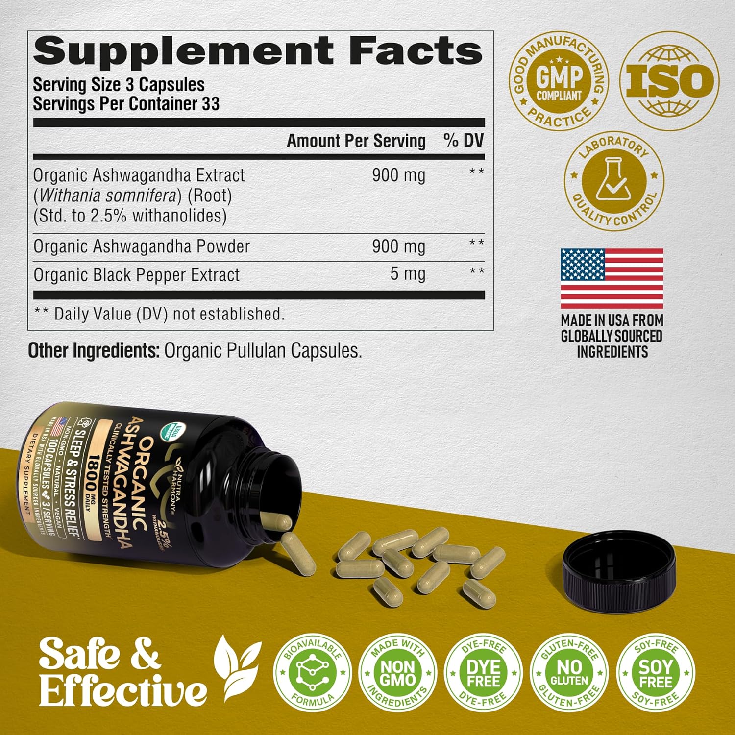 Ashwagandha Supplements 1800mg - USDA Organic Ashwagandha for Women & Men - Clinically Effective Strength for Stress Relief & Sleep - Powder & Root Extract 2.5% Withanolides - Made in USA 100 Capsules - Image 8