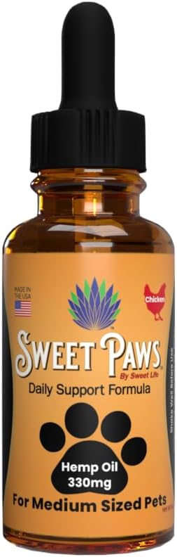 Sweet Paws Hemp Oil for Medium Sized Pets | Helps Dogs and Cats with Anxiety, Pain, Stress, Sleep, Arthritis & Seizures Relief | Roasted Chicken Flavored | 330mg