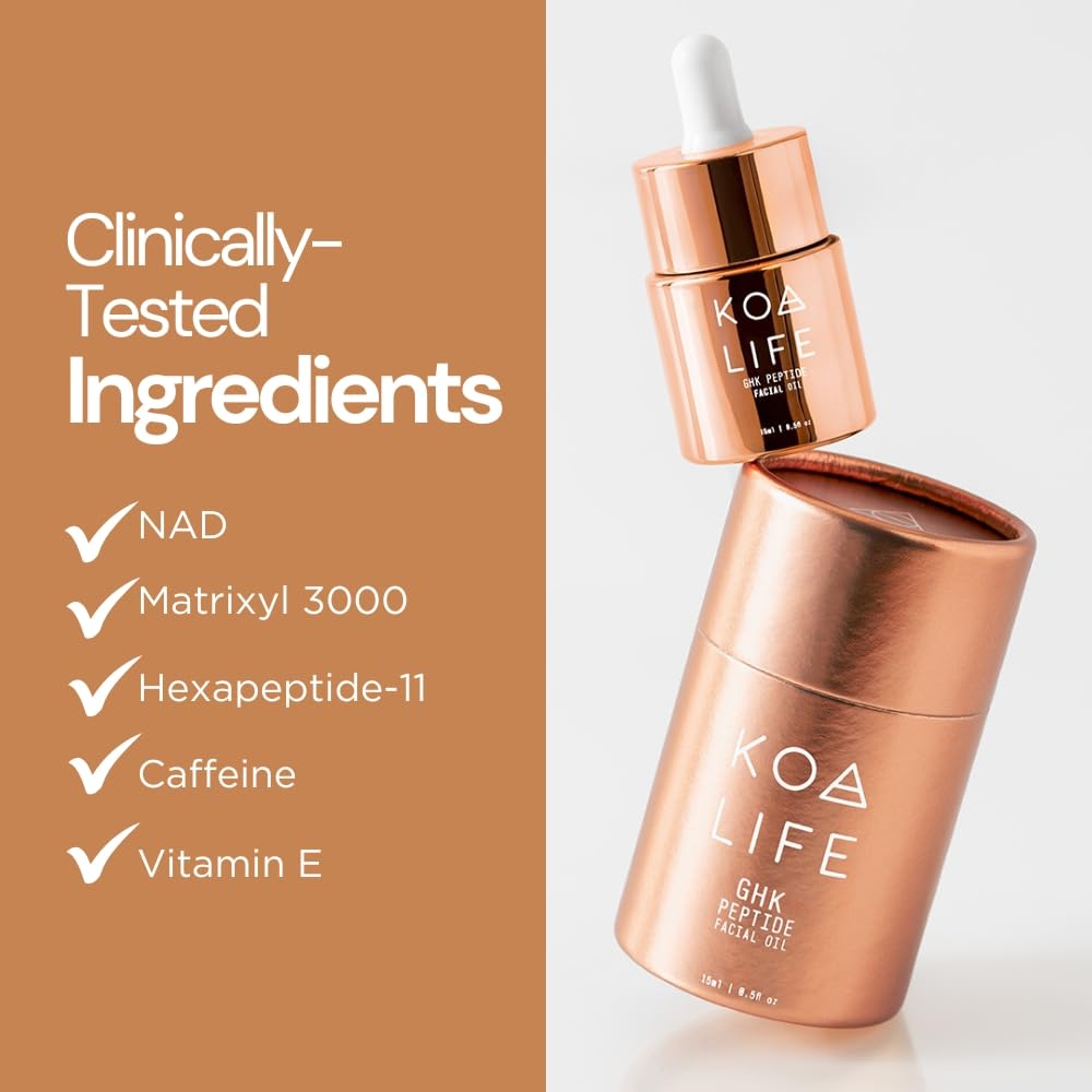 KOA Life GHK Peptide Daily Ultra-Hydrating, Anti-Aging Facial Oil. In a metallic copper glass dropper bottle and metallic copper outer cylinder carton - Image 6