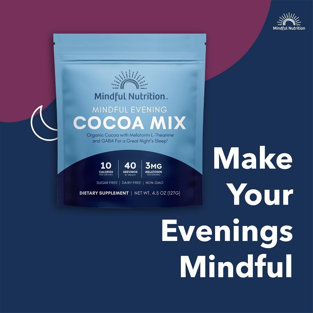Mindful Evening Sugar Free Cocoa Mix Natural Sleep Aid, 40 Servings, Melatonin 3mg, L-Theanine, GABA Supplements, Natural Calm Sleep Support Stress Relief Calm Sleepy Cocoa Nighttime Hot Chocolate - Image 6
