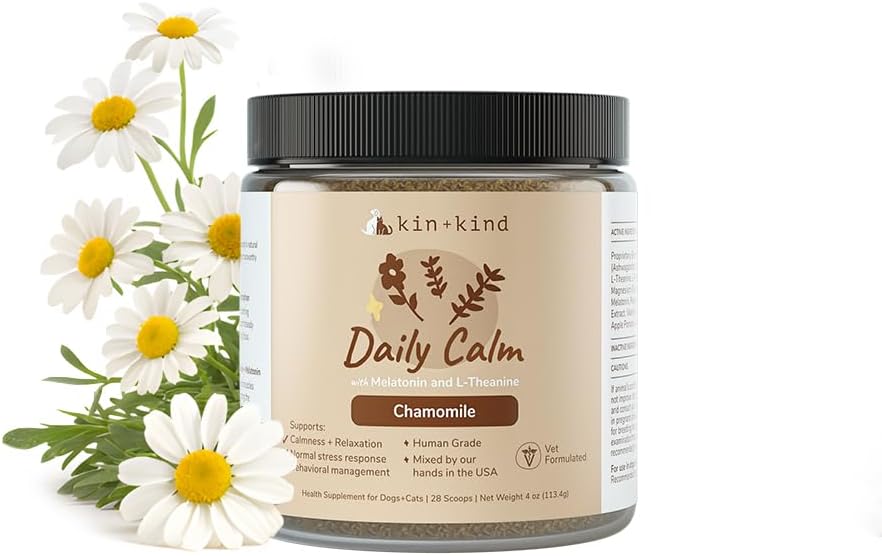 kin+kind Calm Power Supplement for Dogs and Cats – Natural Dog Calming and Cat Calming Support with Organic Chamomile, Thyme, Apple Pomace, Ginger & Coconut – Vet Formulated - Made in USA – 4 oz