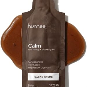 HUNNEE Calm | Raw Honey Electrolytes Dietary Supplement with Ashwagandha, Raw Cacao & Magnesium Glycinate | Gluten-Free, Nut-Free, Non-GMO, Plant-Based | Cacao Crème Flavor | 21g (14 Sachets)