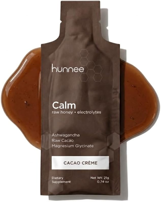 HUNNEE Calm | Raw Honey Electrolytes Dietary Supplement with Ashwagandha, Raw Cacao & Magnesium Glycinate | Gluten-Free, Nut-Free, Non-GMO, Plant-Based | Cacao Crème Flavor | 21g (14 Sachets)