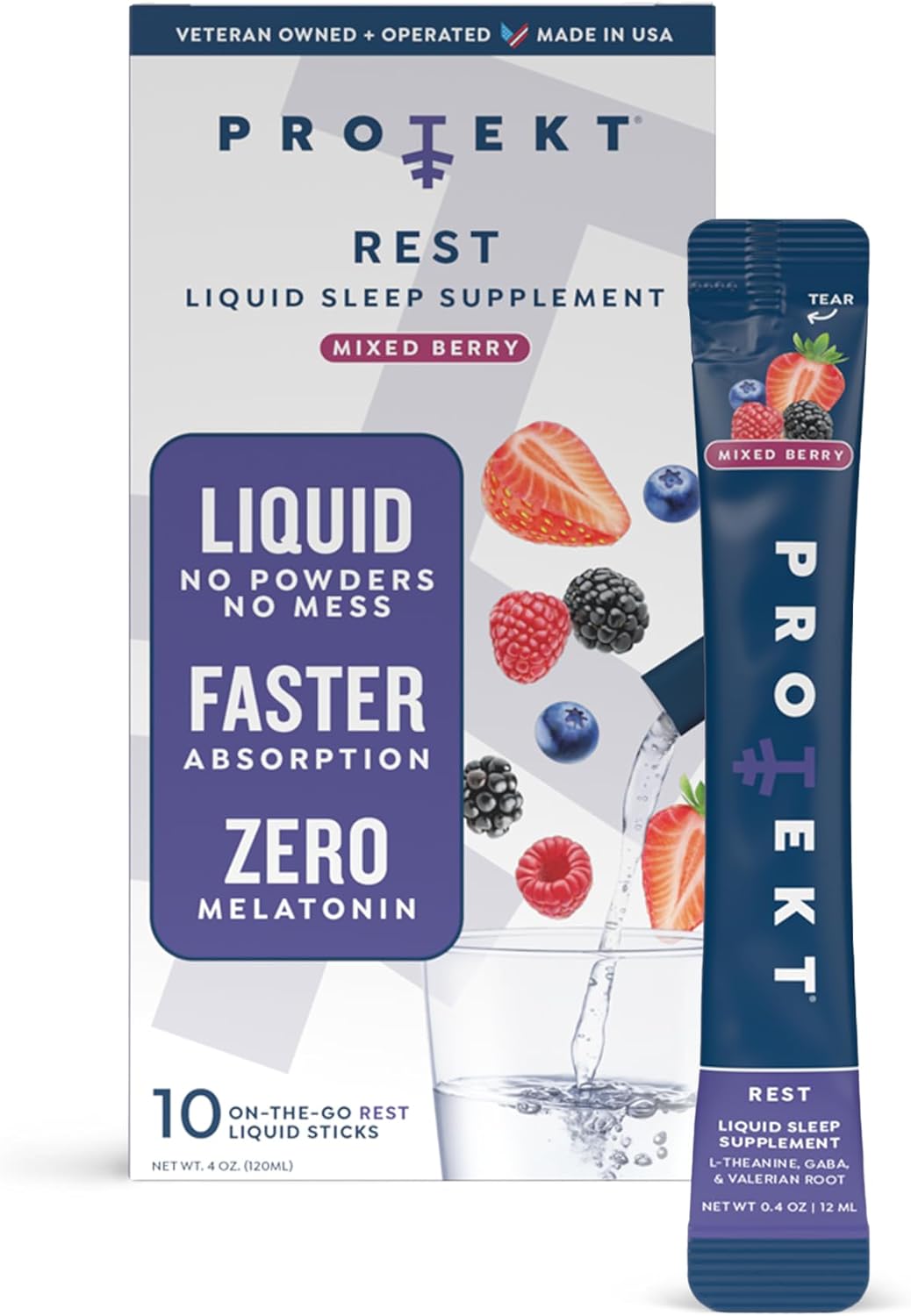 PROTEKT GABA L Theanine Supplement | Melatonin-Free Sleep Aid for Adults | Valerian Root for Night Support & Restful Sleep | GABA Calm Liquid Drink Mix for Adults | Mixed Berry, Pack of 10