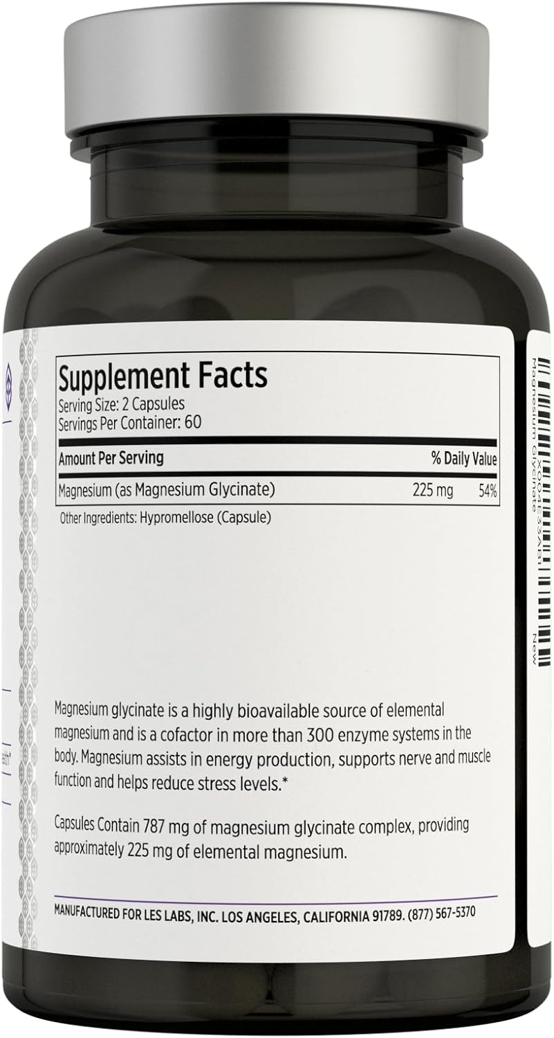 LES Labs Magnesium Glycinate Supports Restful Sleep, Heart Health, Stress Relief, Metabolism, Nerve & Muscle Function, Gentle on the Digestive System Non-GMO Supplement 120 Capsules - Image 2