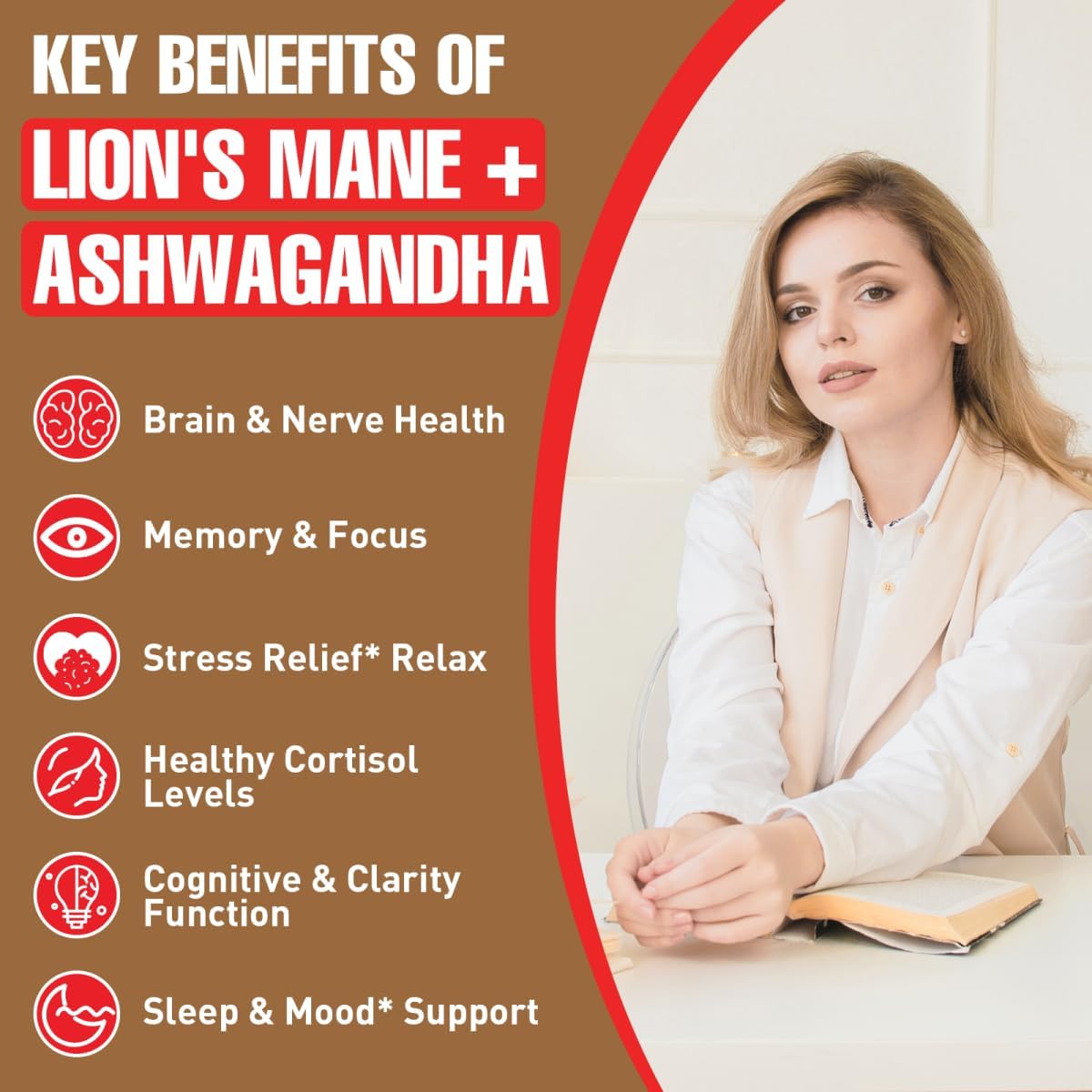 Ashwagandha & Lions Mane Supplements Capsules, Brain Supplements for Memory and Focus, Ashwagandha with Rhodiola Rosea for Cognitive, Immune Support, Cortisol Supplements for Women, 90 Capsules - Image 4