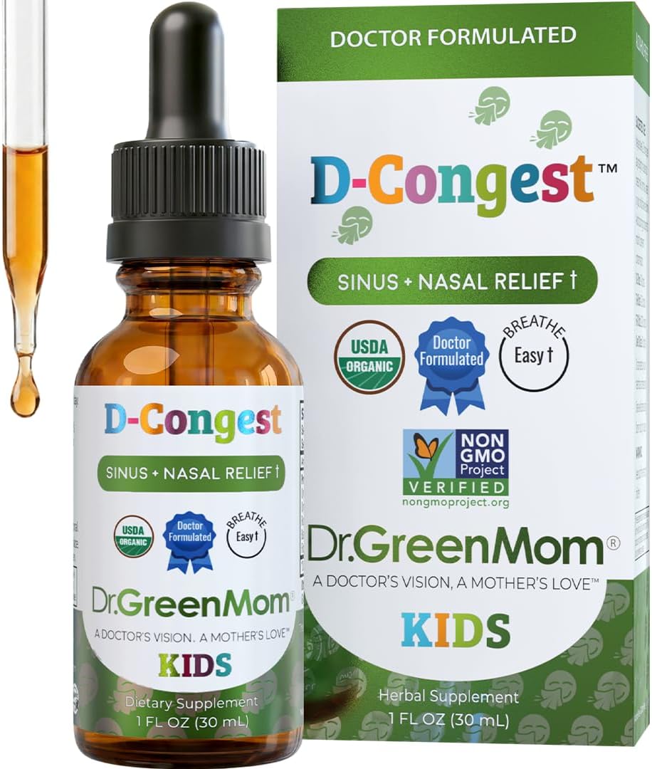 Dr. Green Mom D-Congest Kids - Organic Kids Sinus Support Drops | Drug-Free Herbal Supplement for Children's Stuffy Nose, Nasal & Respiratory Health | USDA Organic, Non-GMO