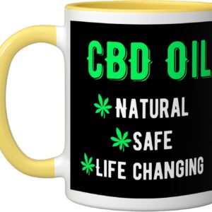 Ask me about CBD Oil T-shirt for CBD Dealer Gift Men Women Ceramic Mug, Yellow/White