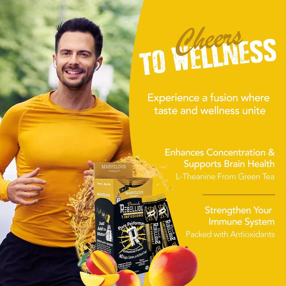 Rebellious Marvelous Mango Organic Drink Mix – Zero Calorie Energy Drink Mix | Monk Fruit & Green Tea Extract | L-Theanine + Natural Caffeine | 100% Plant-Based | Pack of 10 | Keto,Gluten-Free - Image 5