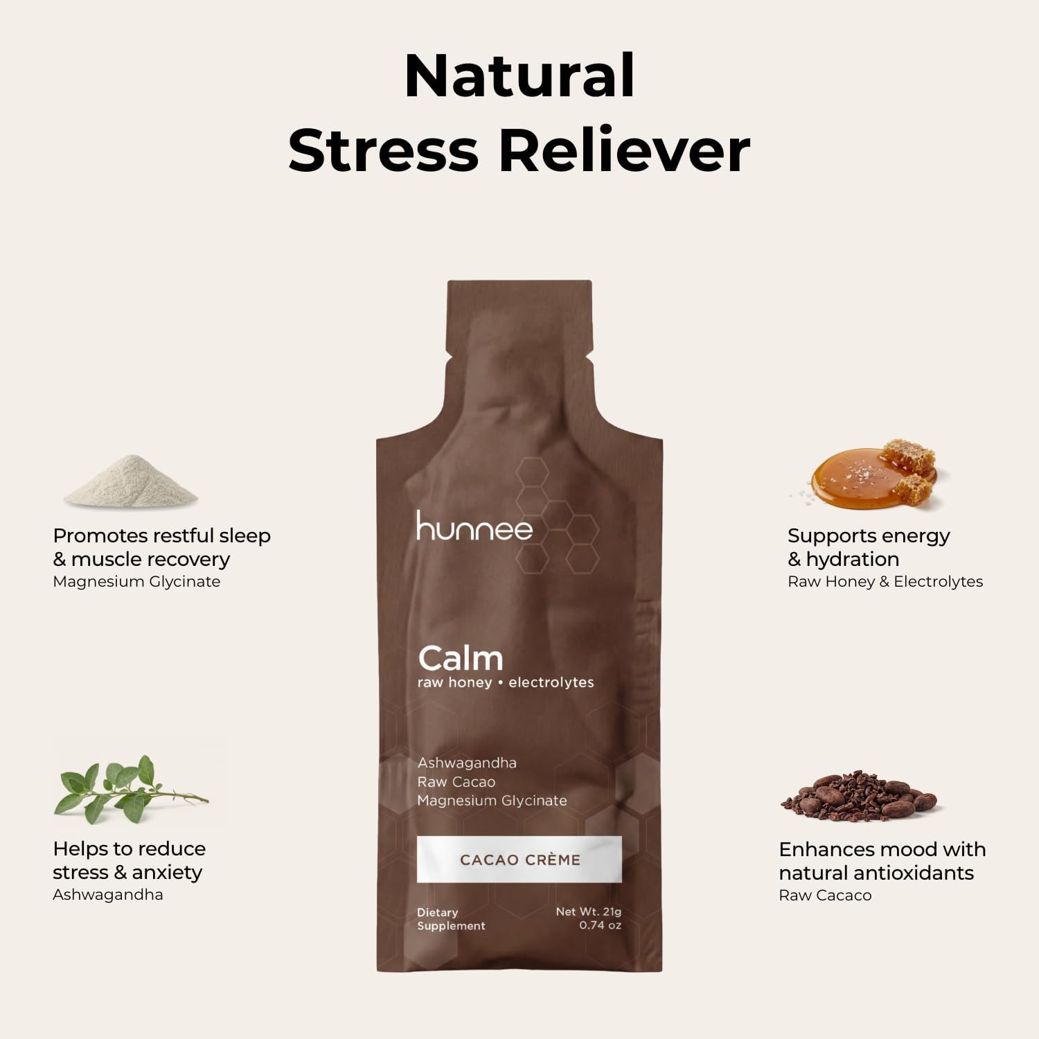 HUNNEE Calm | Raw Honey Electrolytes Dietary Supplement with Ashwagandha, Raw Cacao & Magnesium Glycinate | Gluten-Free, Nut-Free, Non-GMO, Plant-Based | Cacao Crème Flavor | 21g (14 Sachets) - Image 2