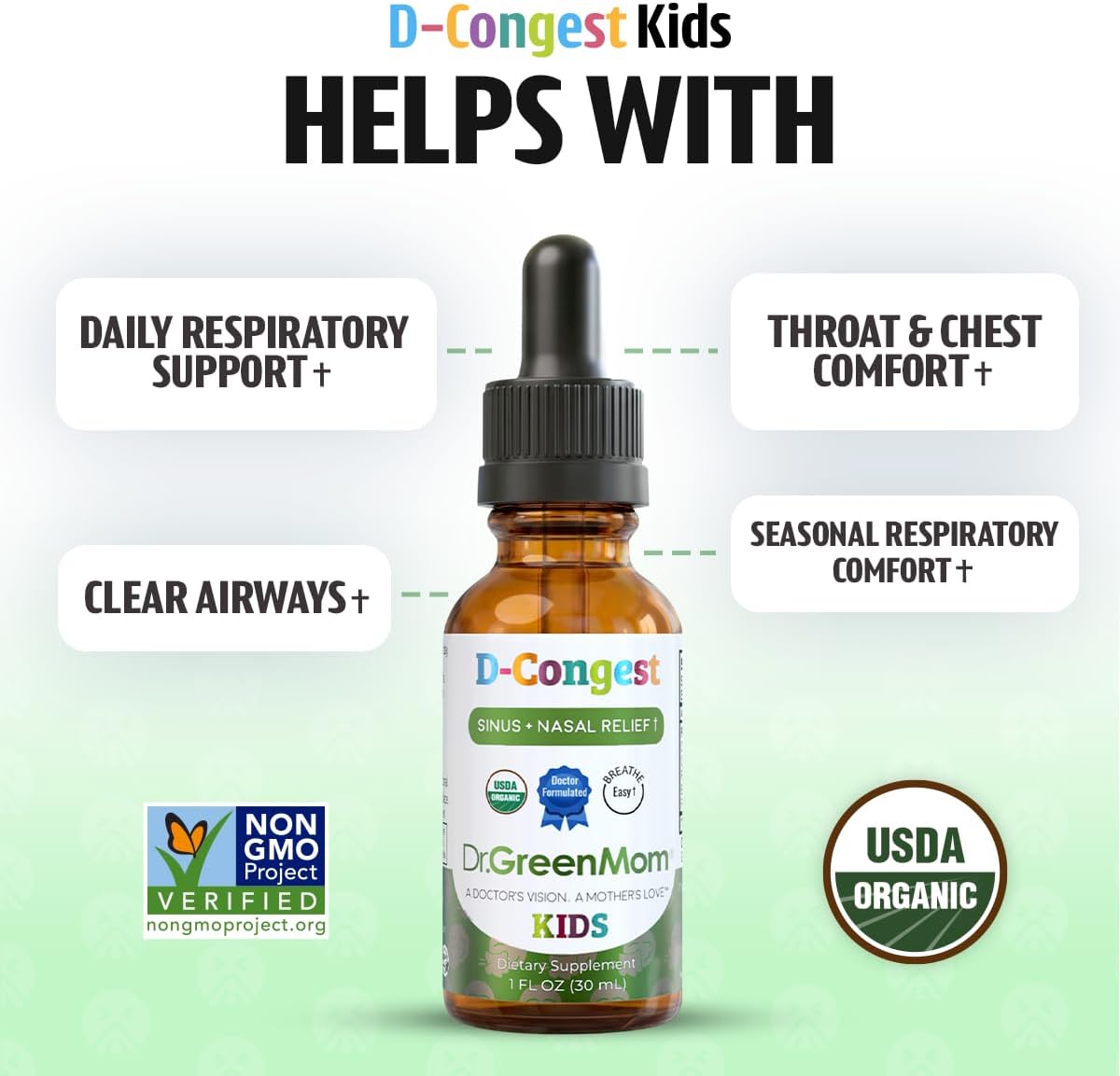 Dr. Green Mom D-Congest Kids - Organic Kids Sinus Support Drops | Drug-Free Herbal Supplement for Children's Stuffy Nose, Nasal & Respiratory Health | USDA Organic, Non-GMO - Image 3
