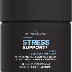 Livingood Daily Stress Support, 12-in-1 Supplement with Ashwagandha, Reishi Mushroom, Vitamin B6, Adaptogenic Herbs & Magnesium, Supports Mood & Calm, Gluten Free, Vegan, 60 Vegetarian Capsules