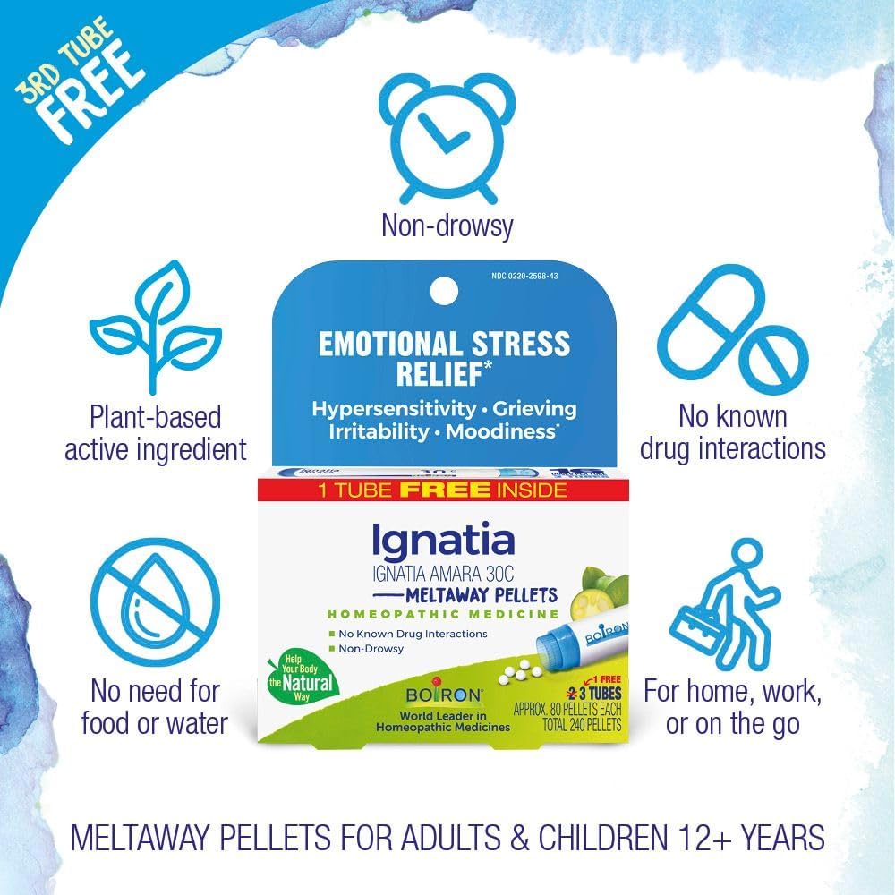 Boiron Ignatia Amara 30C Homeopathic Medicine for Relief from Emotional Stress, Hypersensitivity, Irritability, and Moodiness - 3 Count (240 Pellets) - Image 3